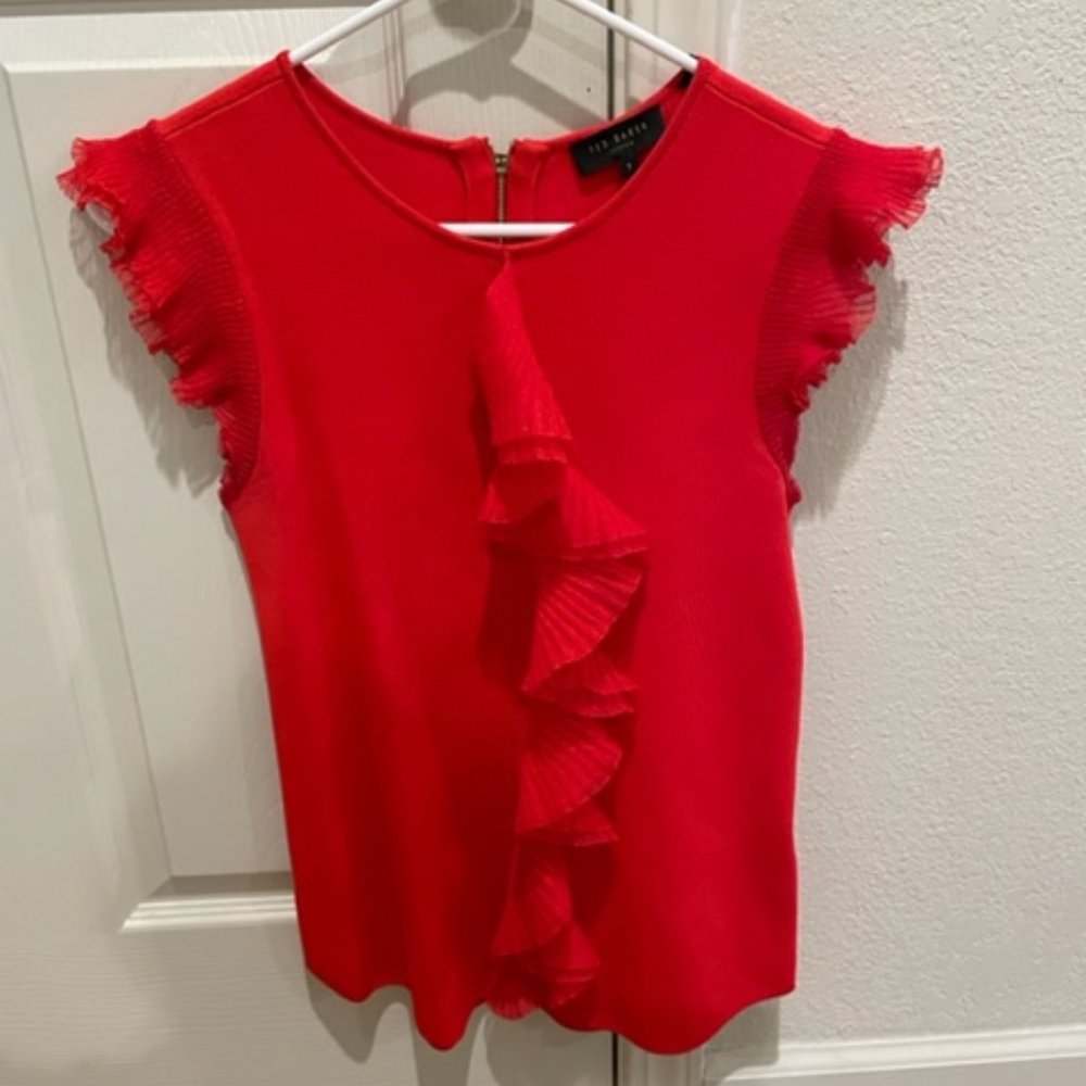 Ted Baker short sleeve red sweater ruffled top size 1